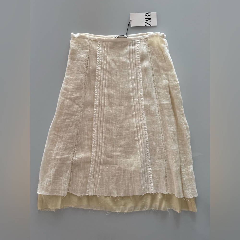 Zara Cream And Pale Yellow Lined Linen Midi Skirt -  Size Medium - New With Tags